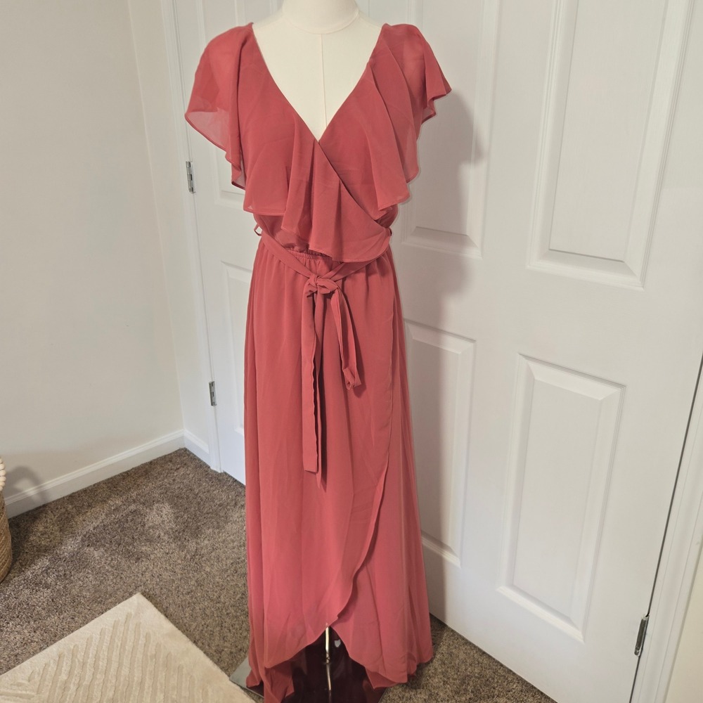 Baltic Born Maxi Dress Women M Pink Ruffle Wrap V-Neck Chiffon Katya